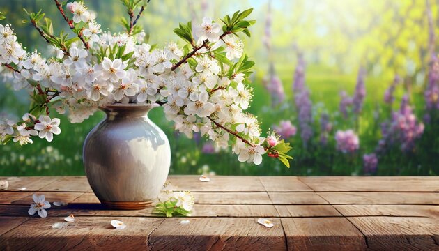 Fototapeta White cherry branches covered with white flowers in a vase on a wooden tabletop. Blooming garden plants in the background. Spring background