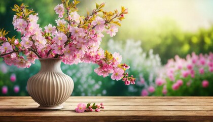 Gałązki pokryte różowymi kwiatami w wazonie na drewnianymi blacie, w tle kwitnący ogród. Wiosenne tło z miejscem na tekst - obrazy, fototapety, plakaty