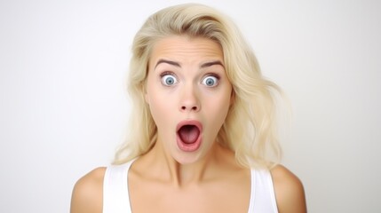 A beautiful blonde woman expressing surprise and shock emotion with her mouth open and big wide open eyes. isolated on white background