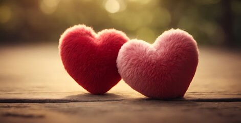 Obraz premium Two red knitted hearts resting on a snowy log in a wintery setting Generative ai