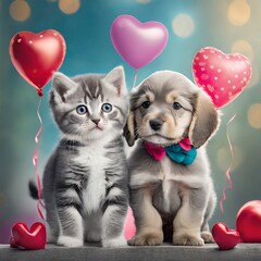 Fototapeta na wymiar Dog and kitten with heart-shaped balloons. Valentine's Day background