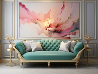 Stylish Vintage Living Room with Turquoise Leather Sofa and Vibrant Abstract Painting