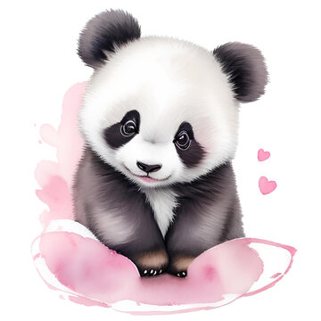 Baby panda sitting in pink watercolor splash with hearts. Cute cartoon animals.Watercolor illustration. 