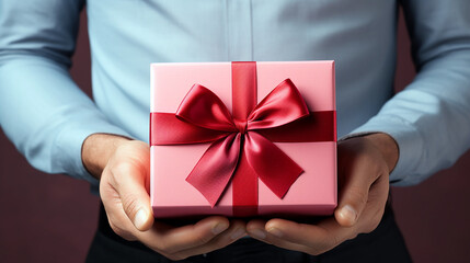 Front view of hands holding gift box. Elegant pink gift box with red ribbon. Generative AI