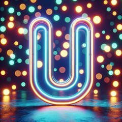 Ultralight Neon Letter U, ultralight, neon, letter U, glowing, curve, alphabet, pink, bright, 3D typography, light, vibrant, bokeh background, electric, festive