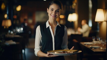 A beautiful young smiling server waitress in restaurant with plates with food on a tray in a expensive luxury restaurant bringing food to a table in her hands - obrazy, fototapety, plakaty