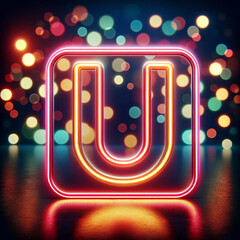 Ultralight Neon Letter U, ultralight, neon, letter U, glowing, curve, alphabet, pink, bright, 3D typography, light, vibrant, bokeh background, electric, festive