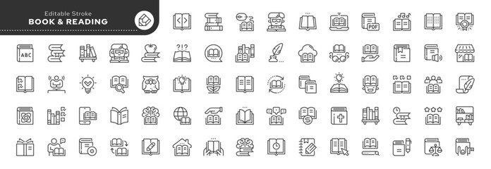 Set of line icons in linear style. Set - Book and reading. E-books, library, literature and writer. Outline icon collection. Pictogram and infographic. Editable stroke.	