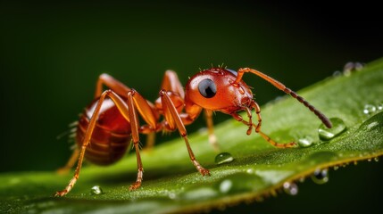 A closeup macro shot of a small tiny red ant on a leaf