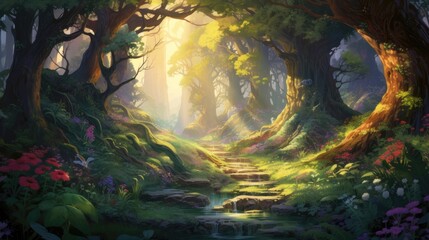 enchanted forest scenery with mystical sunrays. magical woodland landscape for fantasy backgrounds - obrazy, fototapety, plakaty