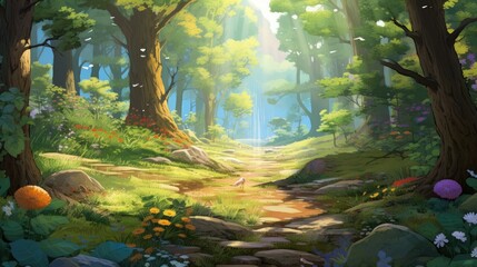 tranquil forest walkway bathed in sunlight. peaceful nature scene for inspirational and calming backgrounds