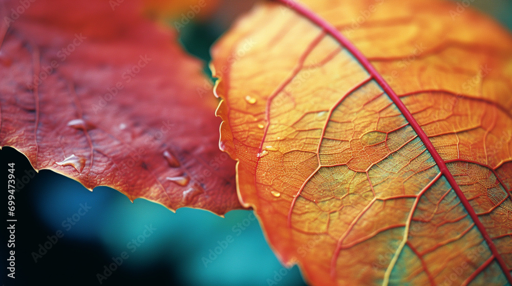 Poster macro exploration of the vibrant hues in a changing leaf, symbolizing the cyclical nature of seasons
