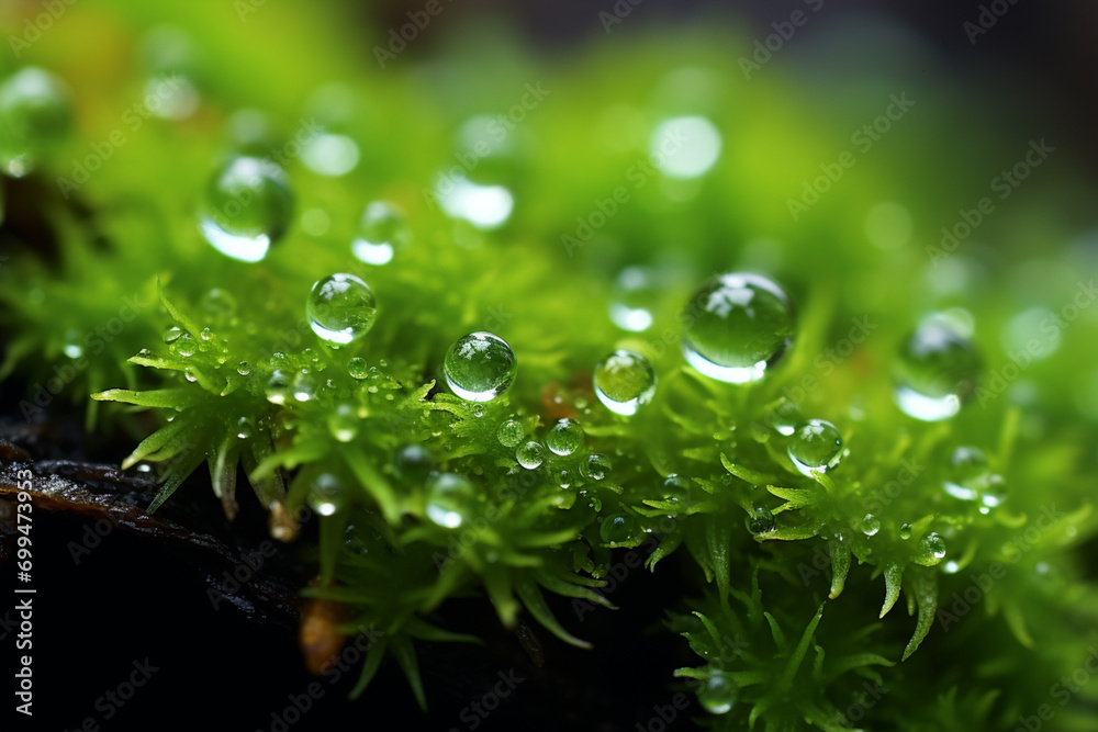 Poster macro shot of raindrops on moss, emanating the refreshing scent of petrichor, encapsulating the esse
