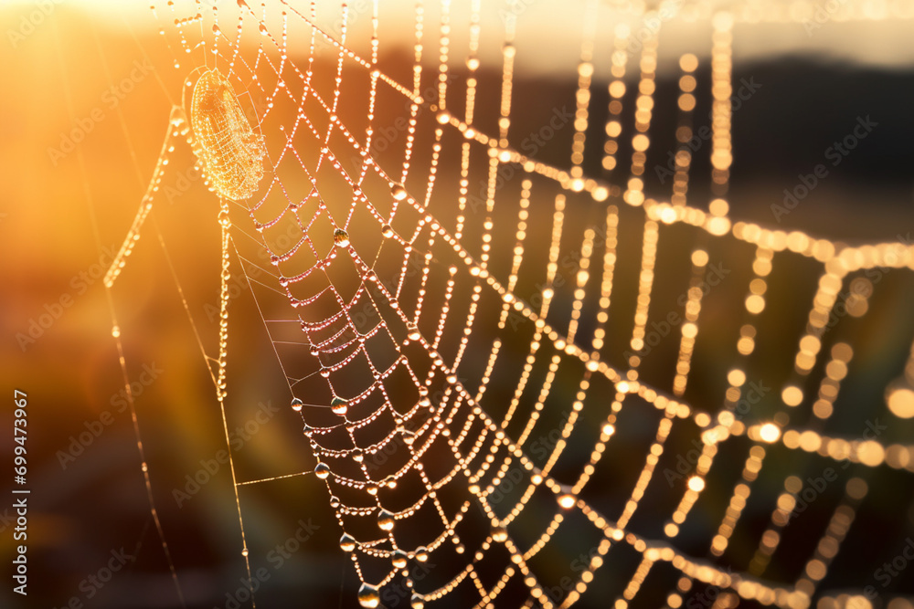 Poster Macro close-up of a spider diligently constructing its web in the early morning, glistening with dew.