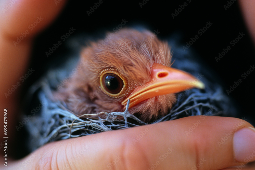 Poster An intimate macro view of a newborn bird hatchling, capturing the fragility and promise of new life.
