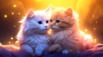 tender moment between fluffy feline friends. enchanting illustration of kittens in golden light perfect for pet-themed decor and illustrations - obrazy, fototapety, plakaty