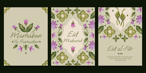 Islamic greeting card with flower and plant illustration for ramadan, eid mubarak, islamic day.