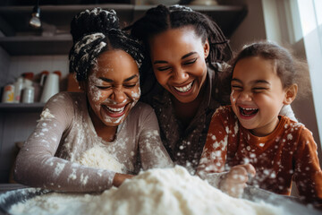 Dark-skinned mom with her two daughters having fun and preparing pie dough for lunch