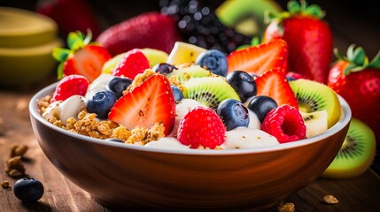 Healthy breakfast with fresh fruits, granola, and yogurt on a wooden table