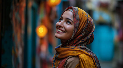 Obraz premium A portrait of a smiling Muslim model woman in a hijab, on a colorful background, generative ai
