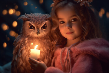Little cute girl with an owl and a candle in the forest in the dark evening