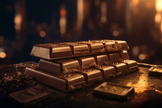 3d styled chocolate bars with golden lighting. Generative AI