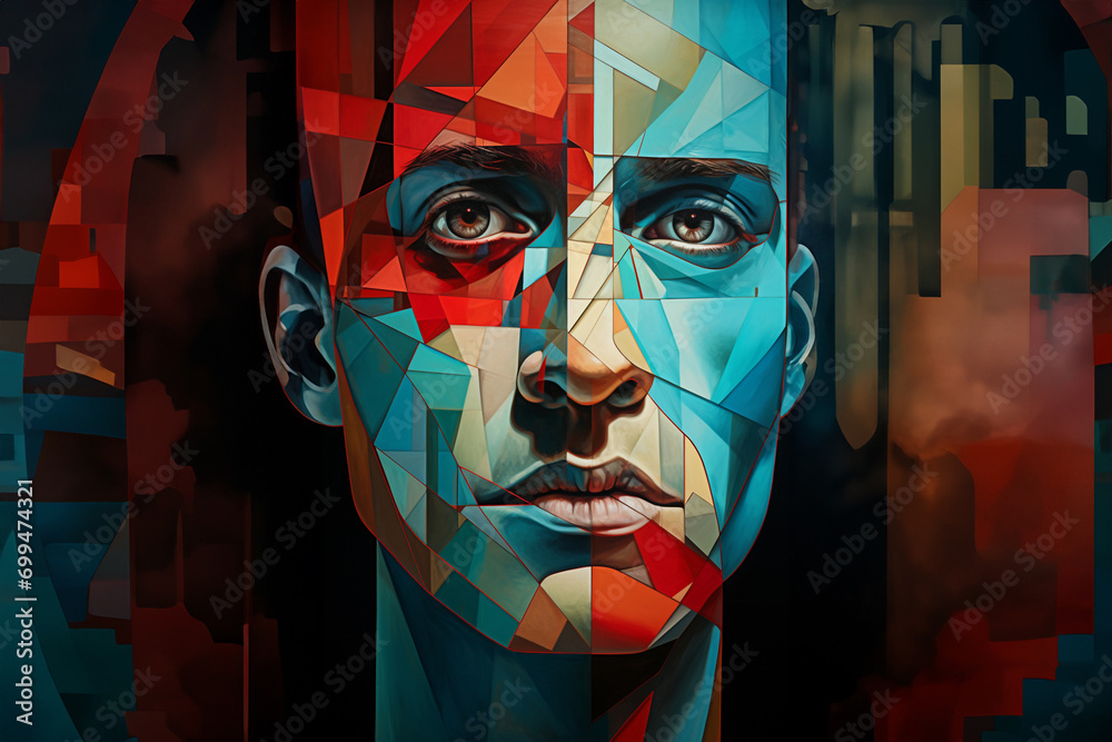 Poster An abstract representation of a person's face fragmented into geometric shapes, exploring the complexity of identity.