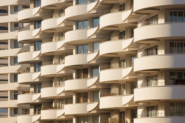 The balconies of a high-rise apartment building, creating a captivating pattern against the urban landscape.