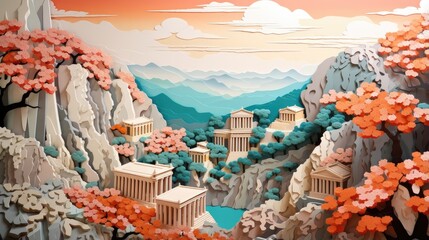 ancient greek temples amidst autumnal cherry blossoms. exquisite 3d paper art for educational, cultural, and decorative uses - obrazy, fototapety, plakaty
