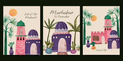 Islamic greeting card with flower and plant illustration for ramadan, eid mubarak, islamic day.
