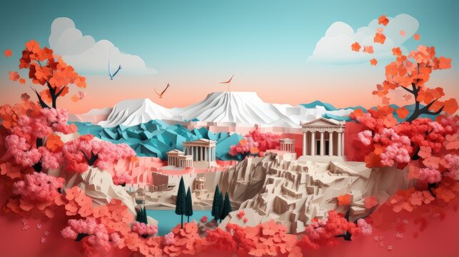 ancient greek temples amidst autumnal cherry blossoms. exquisite 3d paper art for educational, cultural, and decorative uses