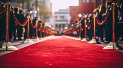 A empty red carpet waiting for the arrival of the famous star celebrities. paparazzi and...