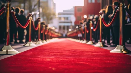 Deurstickers A empty red carpet waiting for the arrival of the famous star celebrities. paparazzi and journalists with photo and video cameras © Zainab