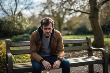 30-year-old autistic adult in a public park, sitting alone on a bench, visibly upset by the surrounding noise of playing children and barking dogs, demonstrating the impact of sensory sensitivities in - obrazy, fototapety, plakaty
