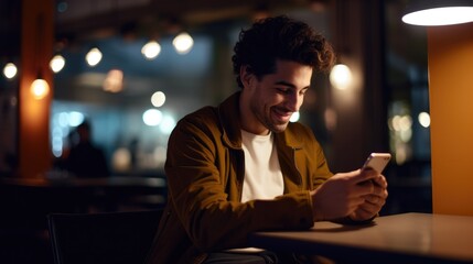 A handsome young man texting and using on his mobile smartphone and smiling in a cafe bar. blurry background. late in the night evening