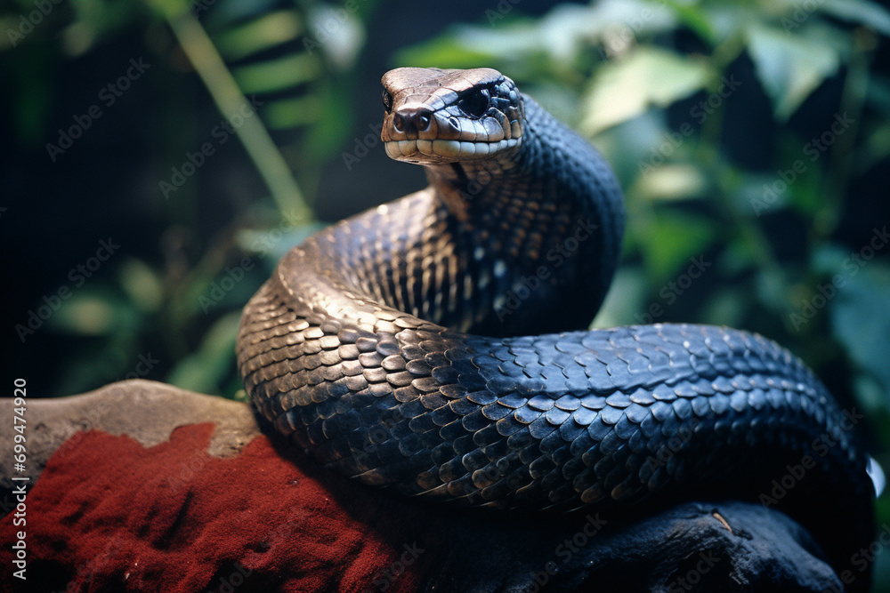 Poster a mesmerizing image of a cobra in a charming stance, symbolizing mystique, elegance, and allure, ide