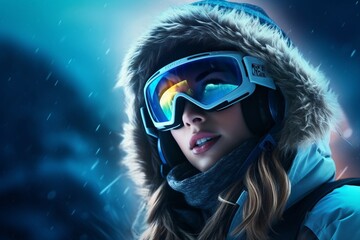 A young girl in ski goggles and sportswear against a background of clouds and mountains
