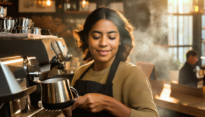 Beautiful female barista serving drinks in a modern cafe