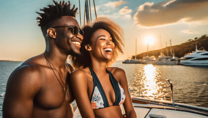 Smiling couple enjoying romantic holiday on yacht