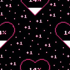 Seamless pattern in 2000s gaming style with 14 percent filled hearts on a black background. Vector illustration for Valentine's Day. Template for card, fabric, textile, wallpaper, paper, packaging