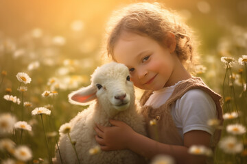 Little cute girl with a sheep in a flowering meadow in spring