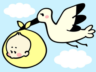 コウノトリに運ばれる赤ちゃんのイラスト素材