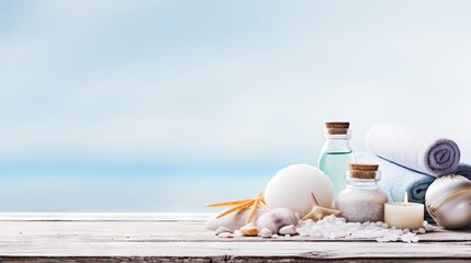 Spa and wellness concept with natural beauty products, massage stones, and sea salt on white wooden table. Copy space for text.