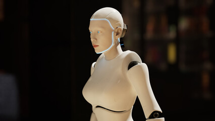 female robot walking along a street in a big city. humanoid AI robot crossing street. 3d render. future automation job.