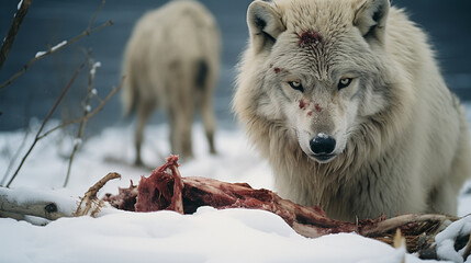 An artistic representation of an Arctic wolf and caribou encounter in the frozen tundra, showcasing the predator's strategic pursuit and the prey's evasion tactics.