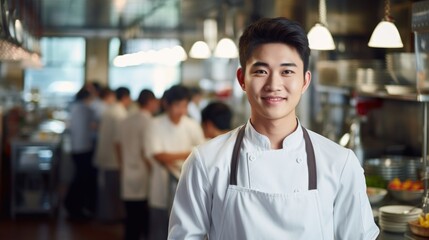 Closeup photo portrait of a handsome young asian chef cook with white uniform standing. guests...