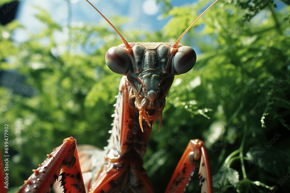 Poster a close-up image of a mantis in ambush, waiting patiently for unsuspecting insects to become prey in