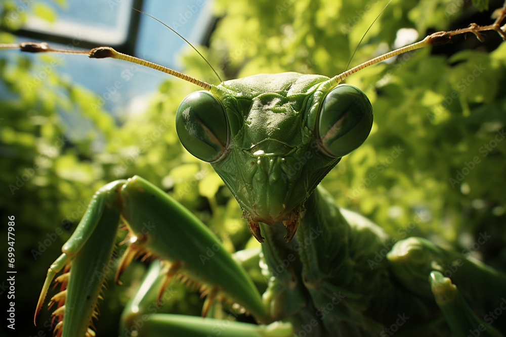 Aufkleber a close-up image of a mantis in ambush, waiting patiently for unsuspecting insects to become prey in