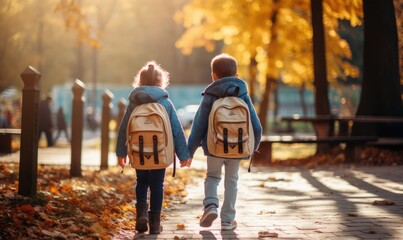 Two young girls walking down a sidewalk in the fall