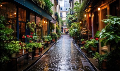 Fototapeta na wymiar A cobblestone street lined with potted plants